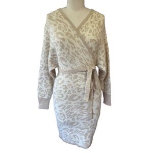 Leopard Print Wrap Dress Cream Animal Print Cheetah Knit Dolman Sleeve size L